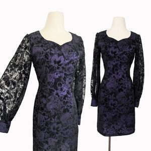 Vintage Cocktail Dress Purple Mini Long Sleeve Bishop Sleeve Lantern Lace